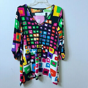 LIOR Paris Tunic Top Women Small Abstract Round-Neck Shark Bite Hem Colorful Art